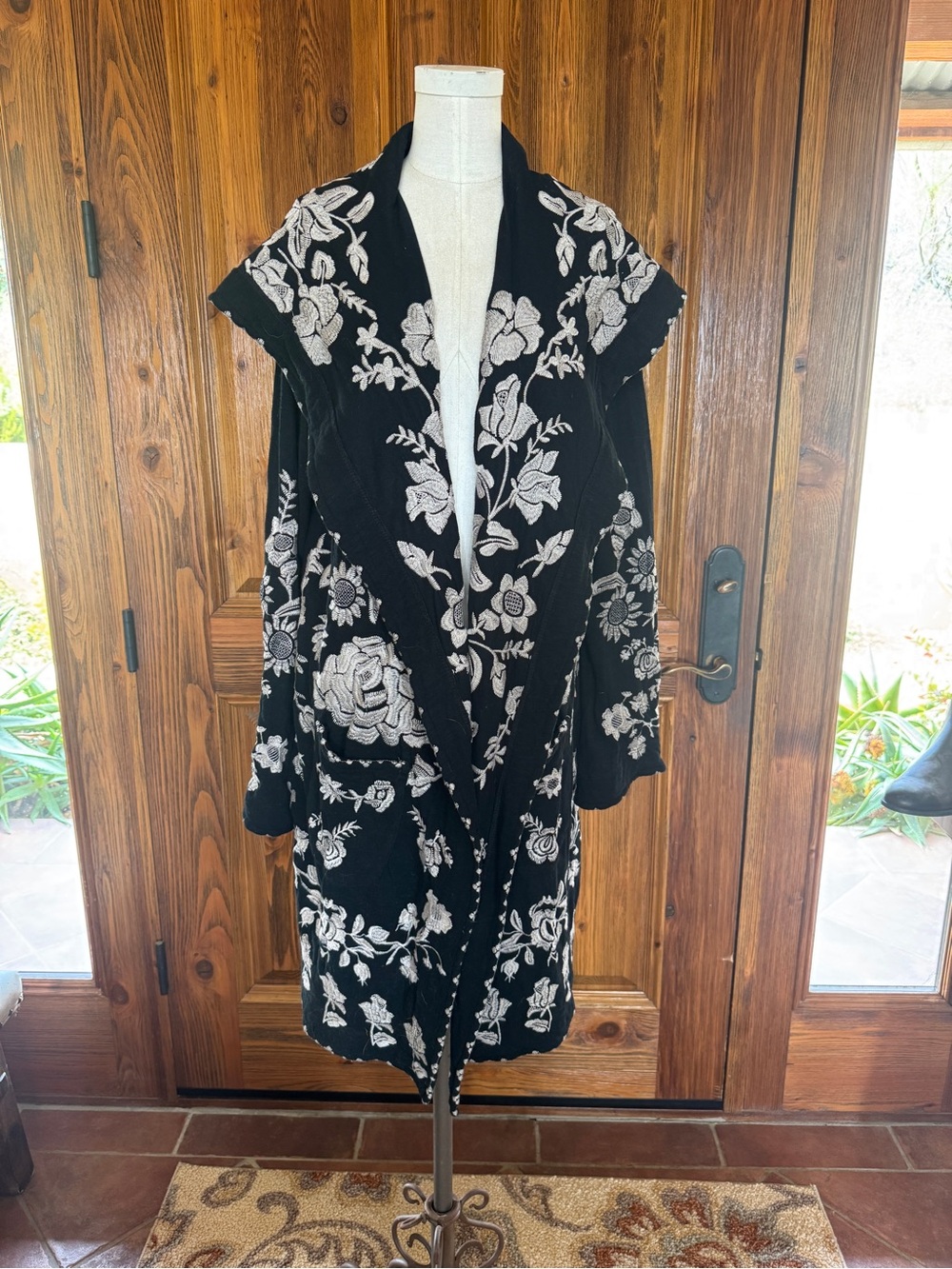 Johnny Was Black Long Sweater with White Floral Embroidery